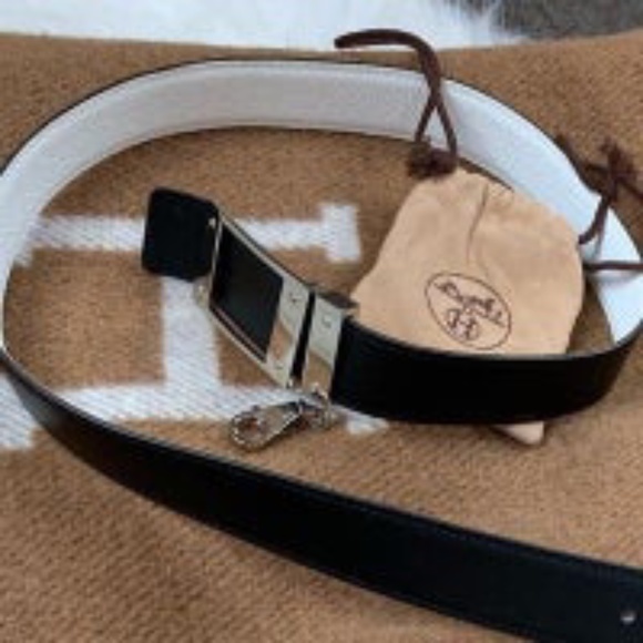 Authentic Hermes black and white Belt w/ keychain main image 6
